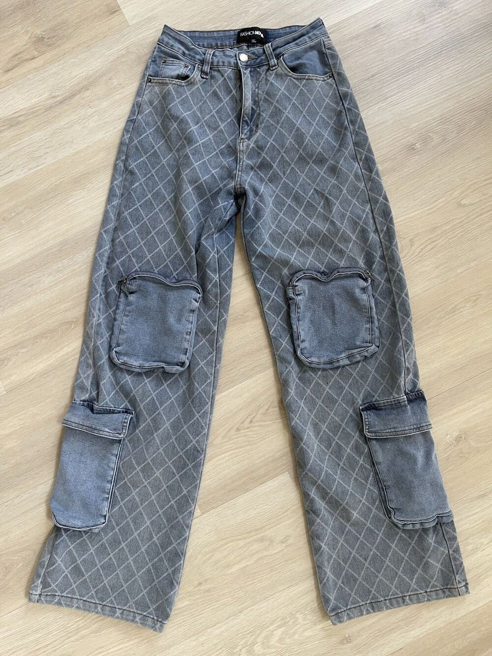 Y2K Vibe Geometric Wide Leg Jeans Blue Denim Women Stretch Medium Wash Pockets!
